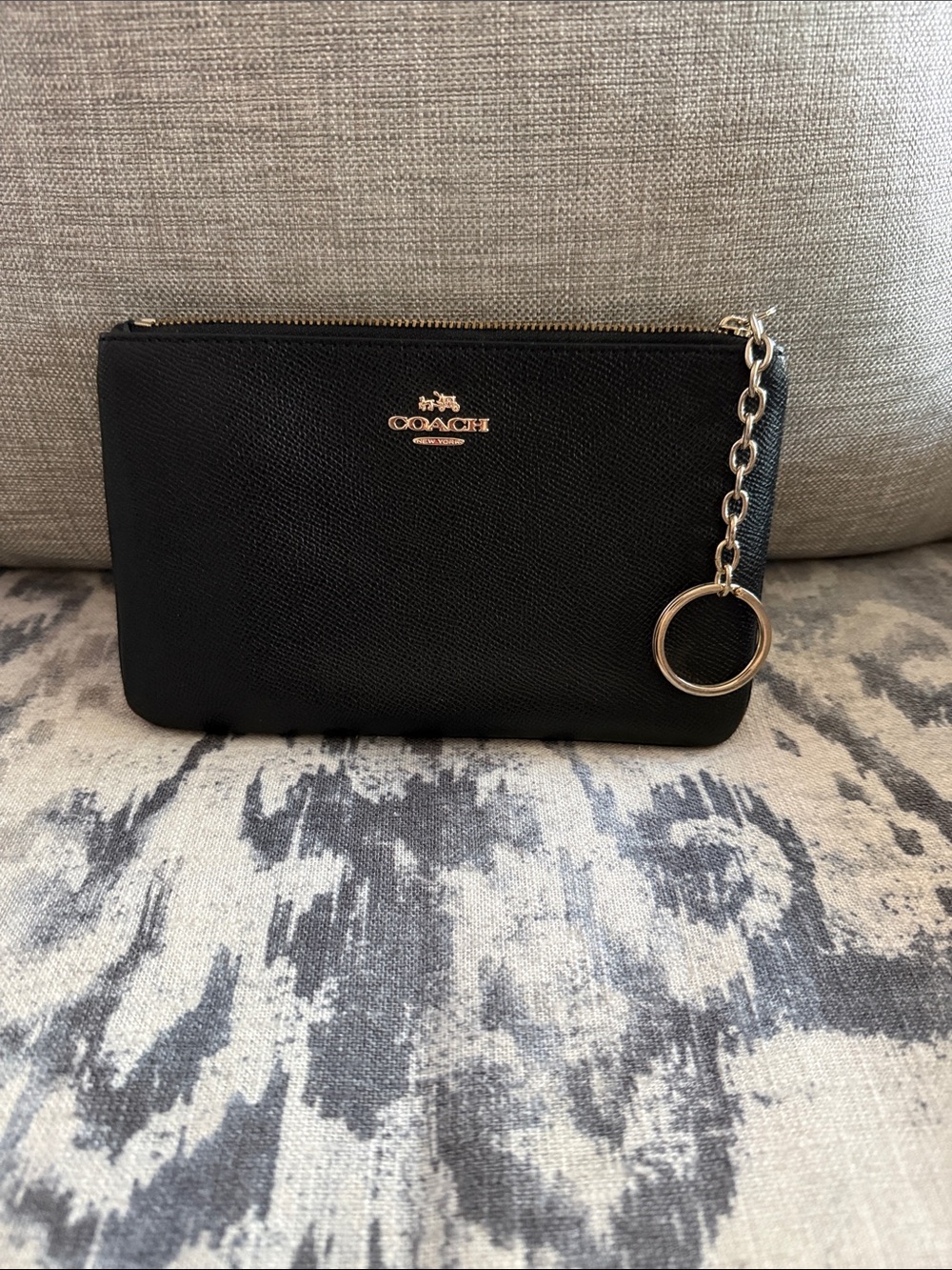 Coach Black Leather Wristlet with Gold Chain Key Ring